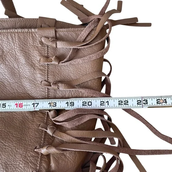 Camel Brown Fringe Leather Tote Bag Oversized Slouchy Boho Hobo Neutral - Picture 12 of 17